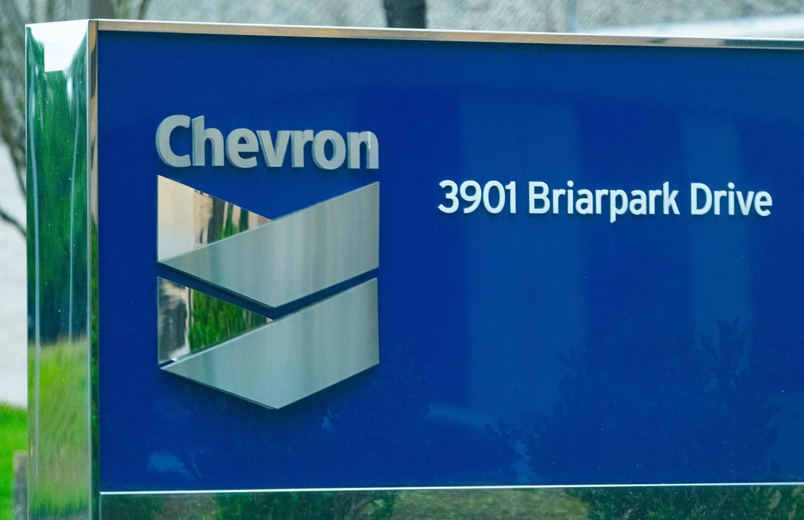 Chevron sign outside its offices on Briarpark Drive in Houston, archive image from March 2019.