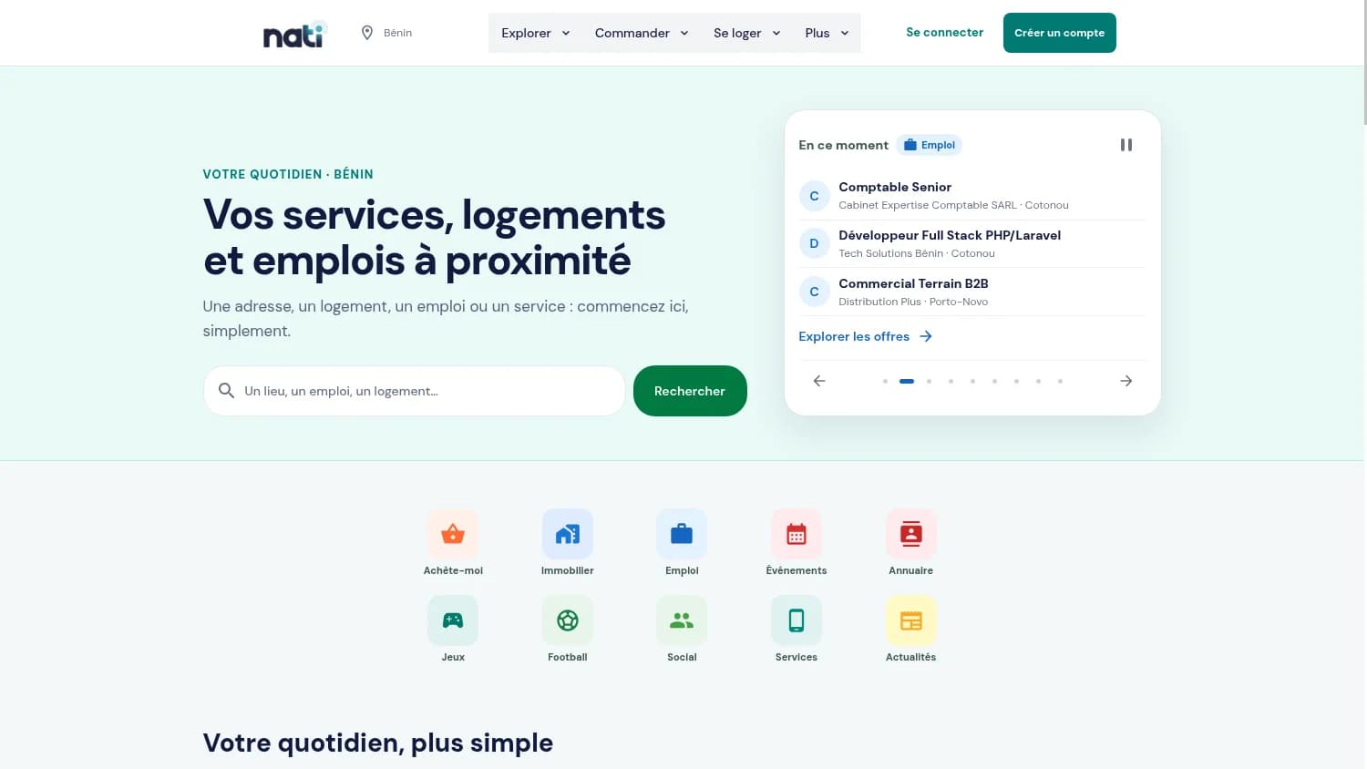 Page d’accueil de Nati et ses rubriques de services, immobilier, emploi et loisirs